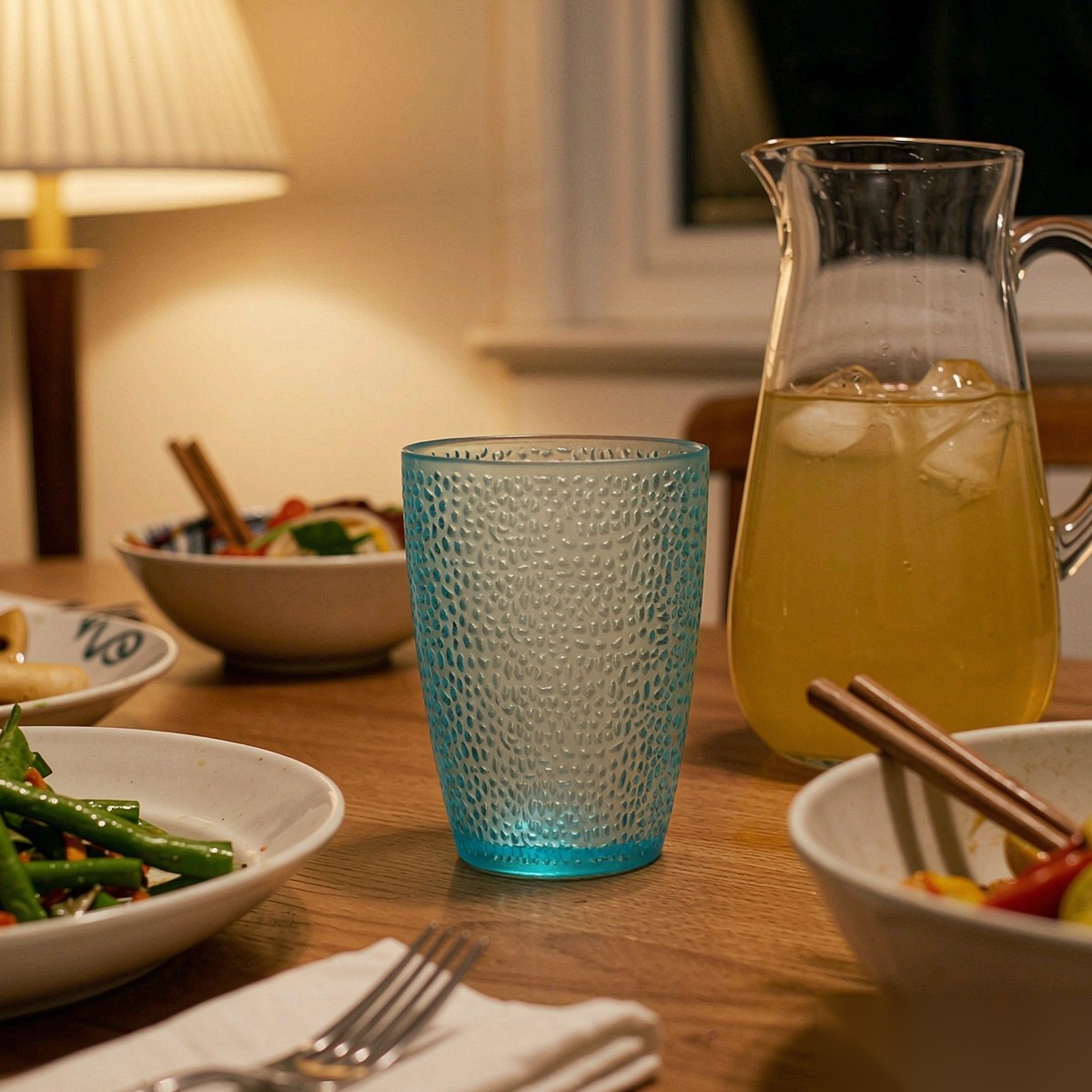 polycarbonate PC polka dot glass dining table dinner scene