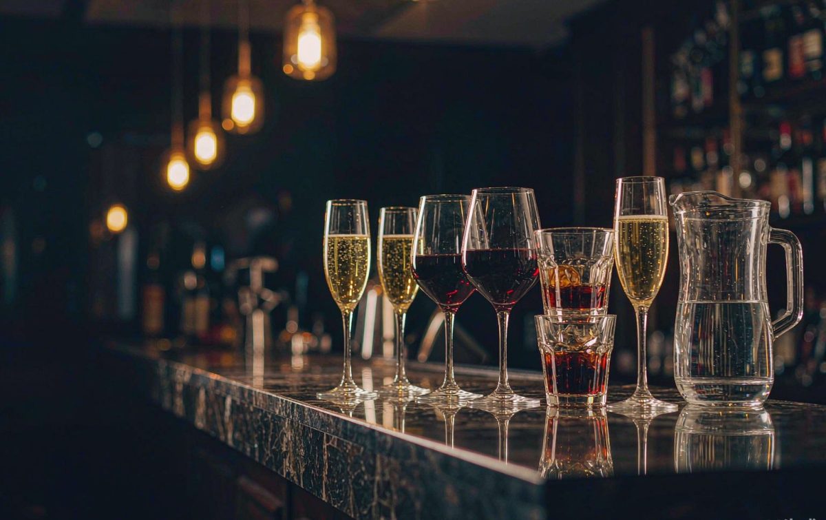A full row of unbreakable PC goblets, tumblers and jugs lined up along a hotel bar top