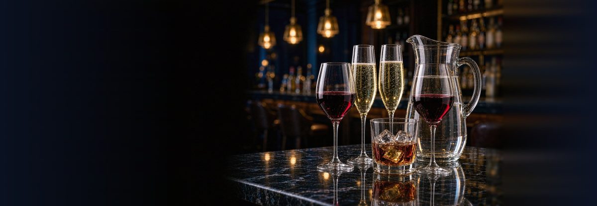 Unbreakable PC wine glasses, champagne flutes, a tumbler and a water carafe on a luxury hotel bar counter