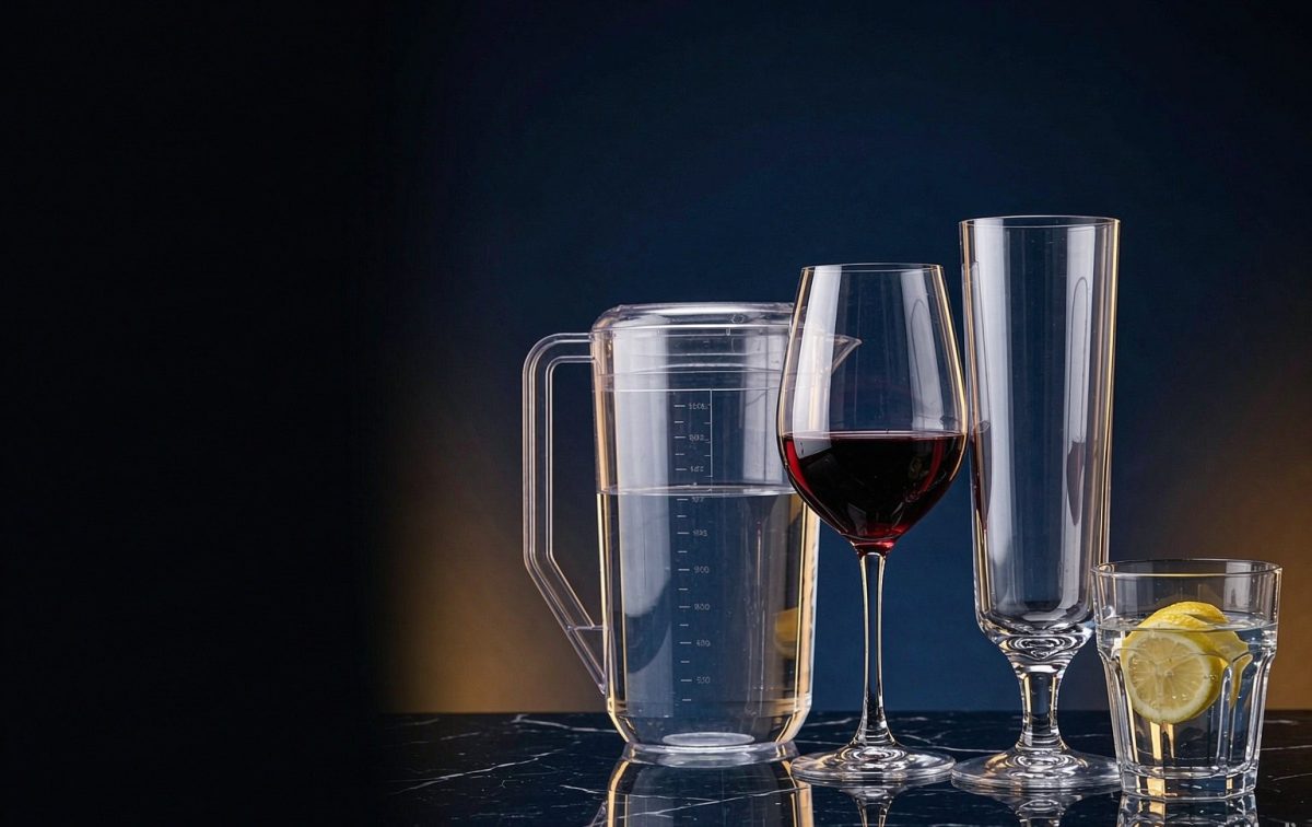 Studio portrait of an unbreakable PC jug, wine glass and highball tumbler family for hotel catering