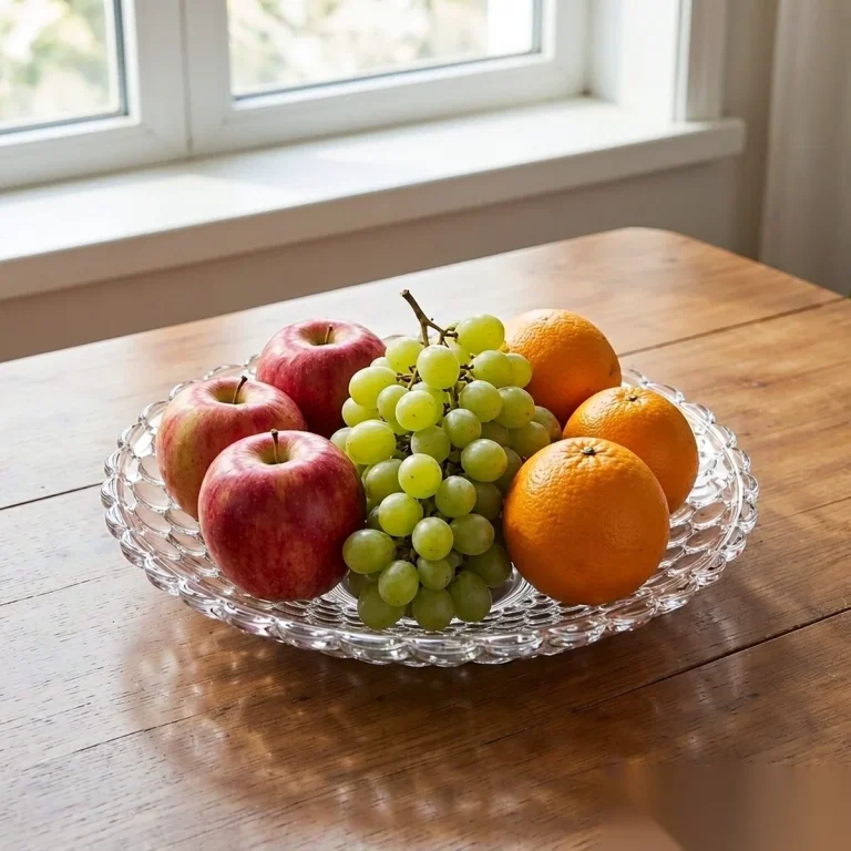 Clear unbreakable fruit plate with a scalloped rim holding apples, green grapes and oranges on a wooden buffet table, hotel tableware by Benyang Supplies
