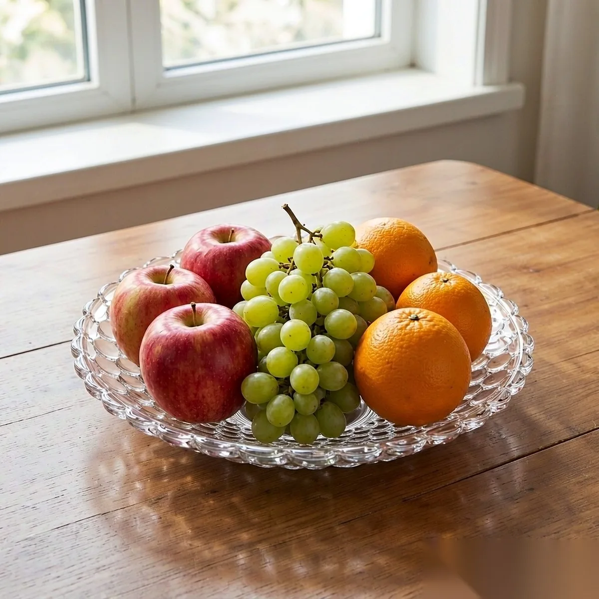 Clear unbreakable fruit plate with a scalloped rim holding apples, green grapes and oranges on a wooden buffet table, hotel tableware by Benyang Supplies