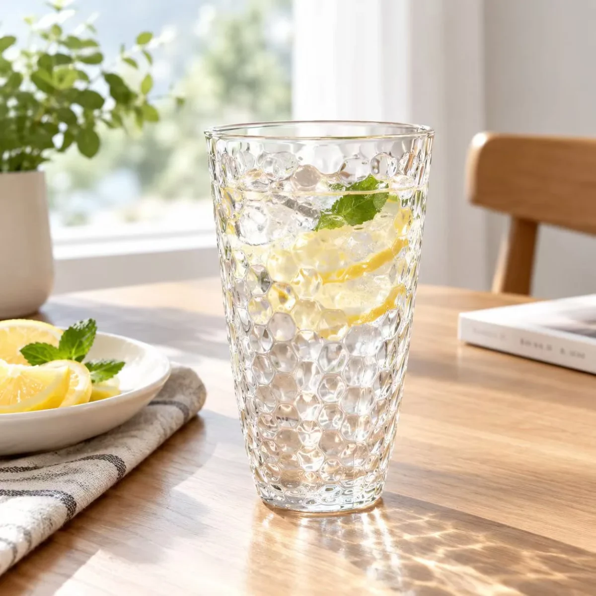 Honeycomb-textured unbreakable polycarbonate tumbler filled with iced lemon water, hotel drinkware by Benyang Supplies