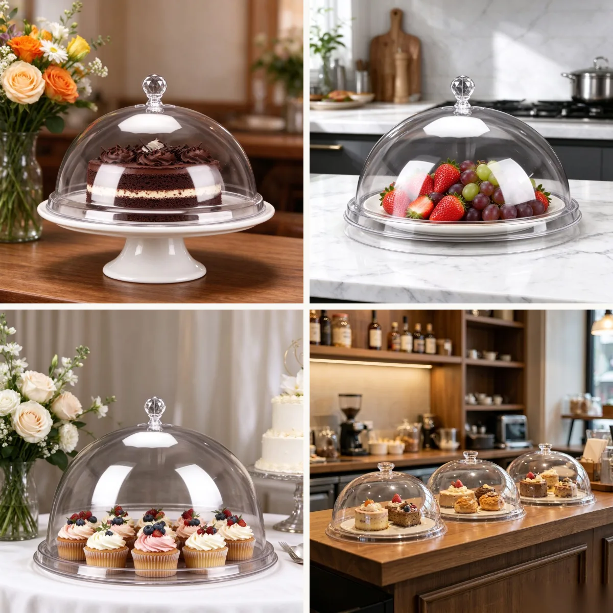 Cake domes and covered plates on a hotel dessert counter, wholesale cake domes and covered plates by Benyang Supplies