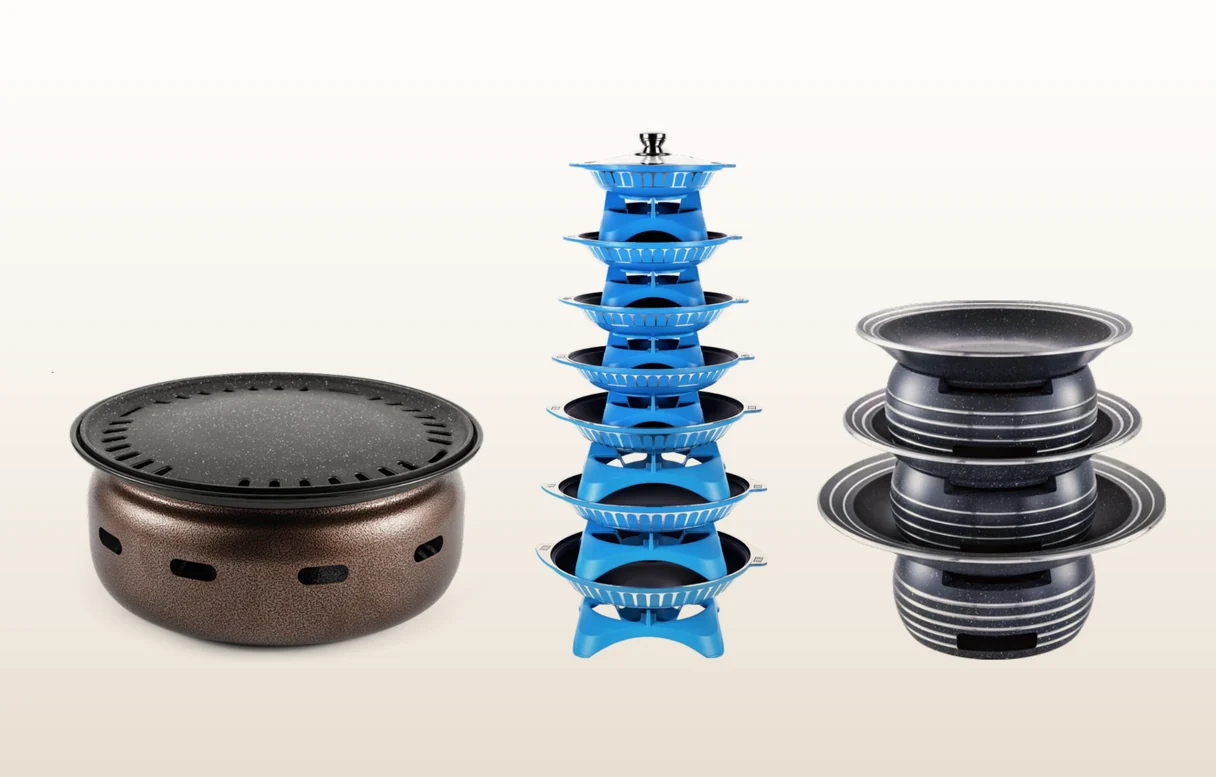 Aluminium cookware and chafing dish series — grill pans, casserole sets and warming stoves for hotel and restaurant kitchens