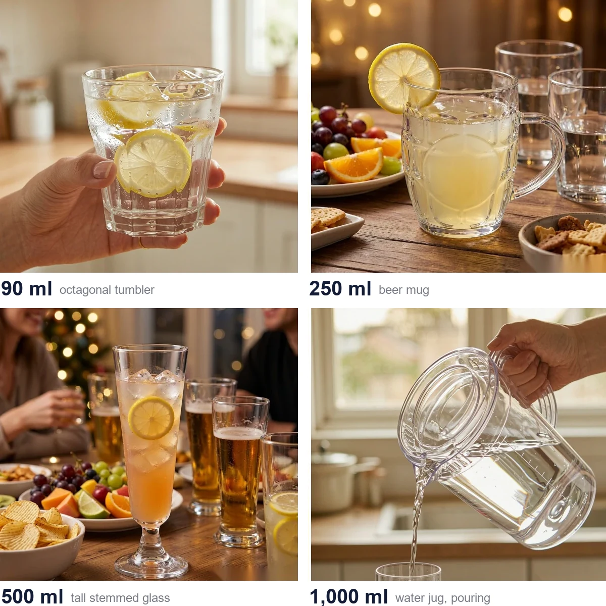 Drinkware sizes for hotel beverage menus shown at 90 ml, 250 ml, 500 ml and 1000 ml, wholesale drinkware range by Benyang Supplies
