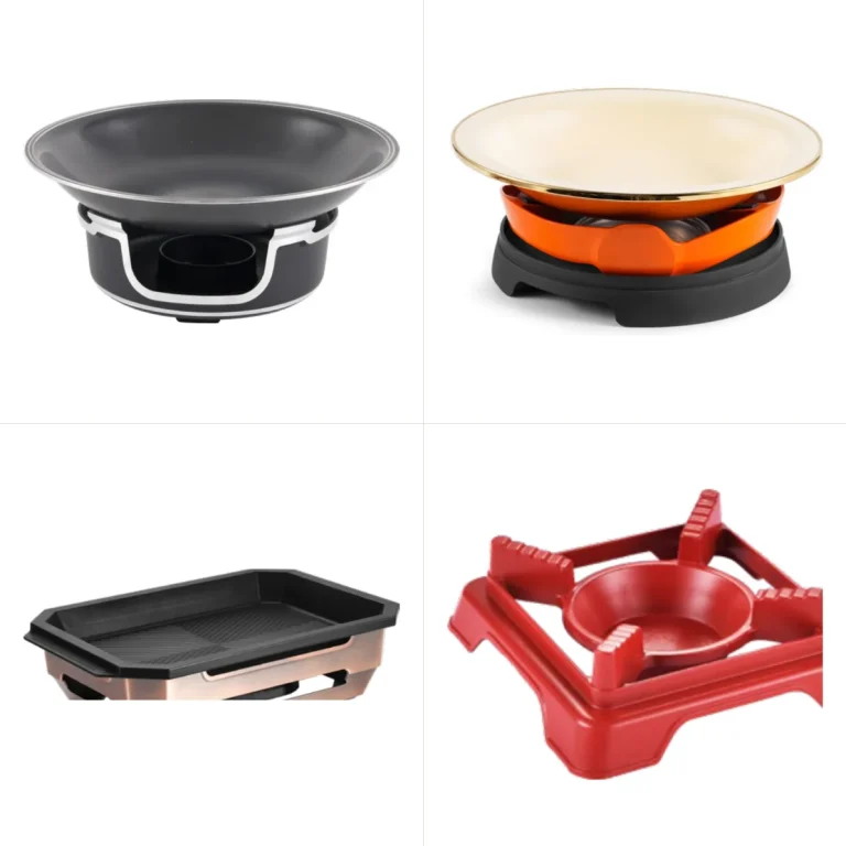 Cookware heat sources for hotels shown on induction grill pans, a gold rim deep plate set, an aluminium fish grill and a square warming stove by Benyang Supplies