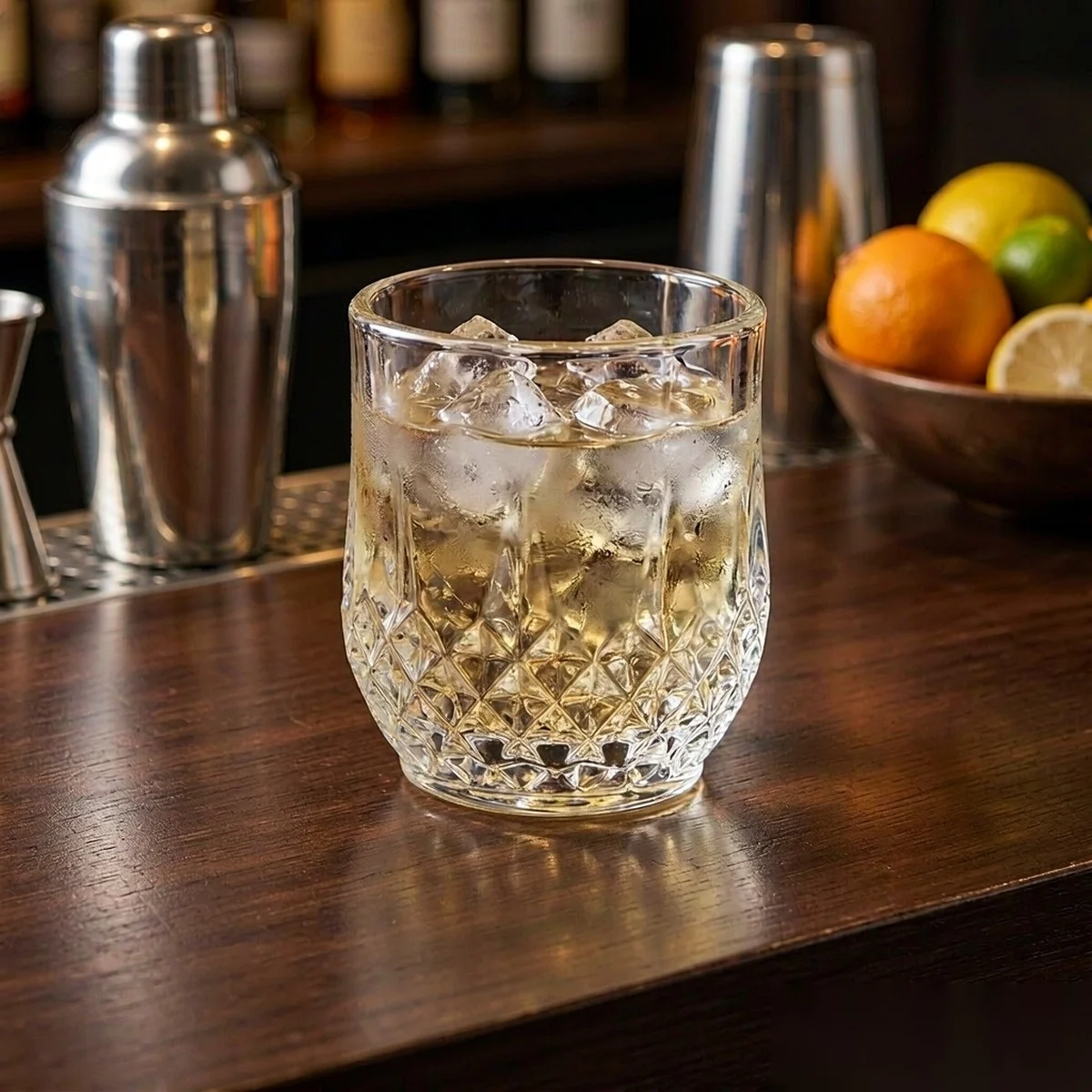 Faceted polycarbonate tumbler with ice on a hotel bar counter
