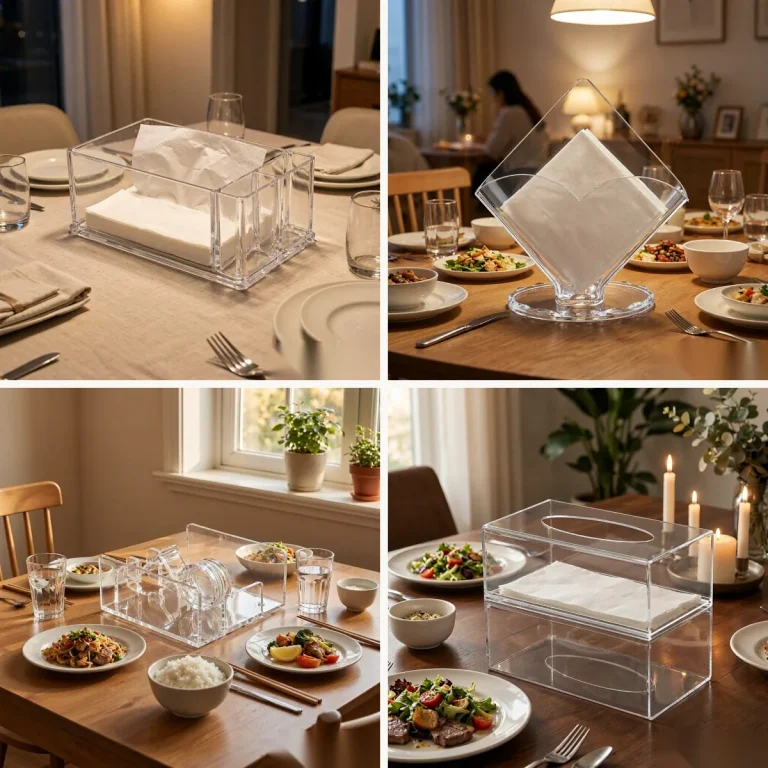 Napkin holders, a tissue box, a roll dispenser and a stackable holder together on a hotel tabletop, wholesale napkin holders and tissue boxes by Benyang Supplies