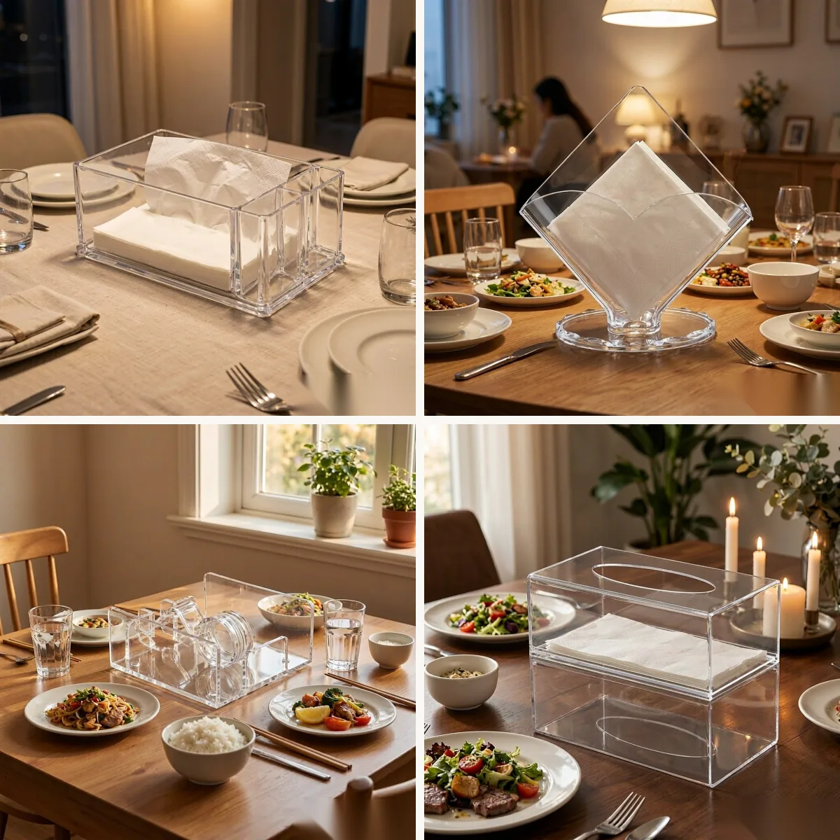 Napkin holders, a tissue box, a roll dispenser and a stackable holder together on a hotel tabletop, wholesale napkin holders and tissue boxes by Benyang Supplies