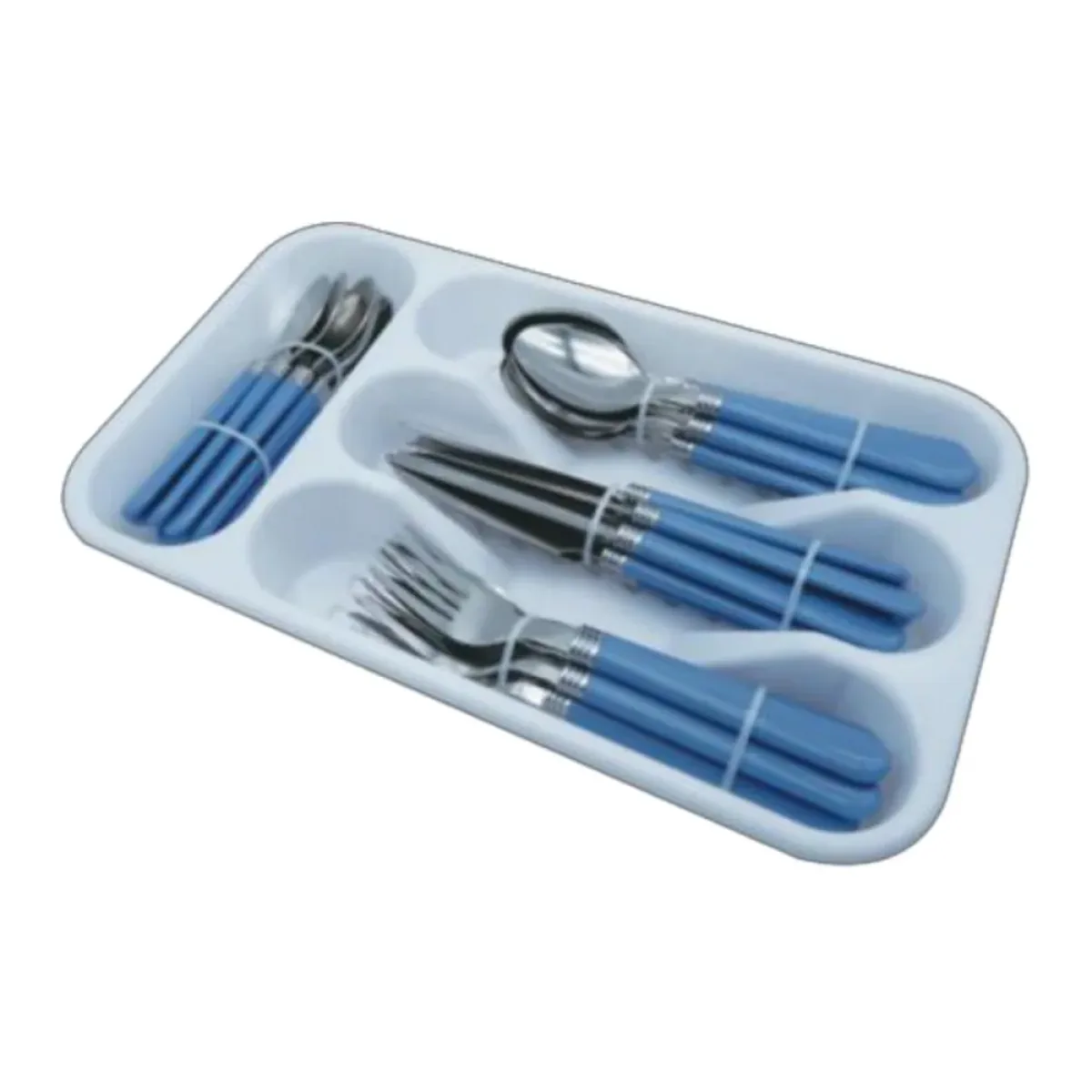 Stainless steel cutlery set with blue handles on a moulded white serving tray, from the Benyang Supplies canteen set range