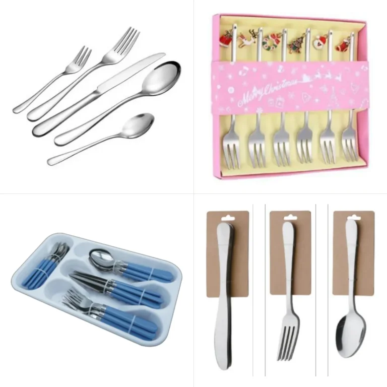 Stainless steel cutlery sets for hotels shown as a five piece silver set, a gold gift set in a printed box, a canteen set in a moulded serving tray and a euro slot blister card by Benyang Supplies
