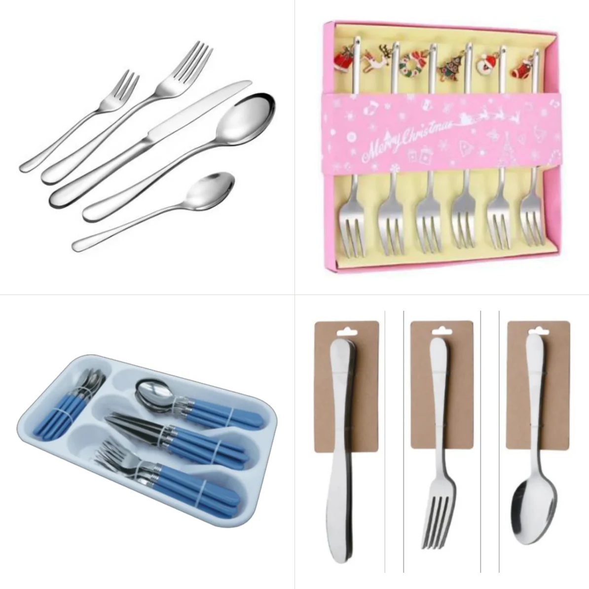 Stainless steel cutlery sets for hotels shown as a five piece silver set, a gold gift set in a printed box, a canteen set in a moulded serving tray and a euro slot blister card by Benyang Supplies
