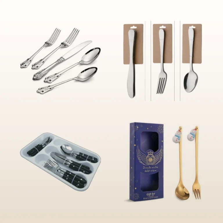 Silver and gold stainless steel cutlery sets for hotels, including boxed gift sets and canteen tray sets, wholesale tableware by Benyang Supplies