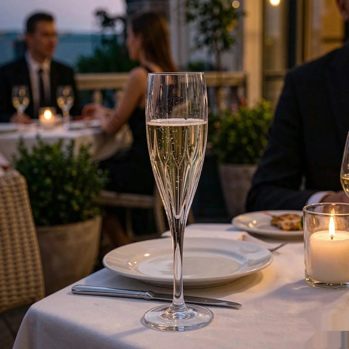Clear acrylic champagne flute holding sparkling wine on a laid restaurant table, part of the unbreakable hotel stemware range from Benyang Supplies
