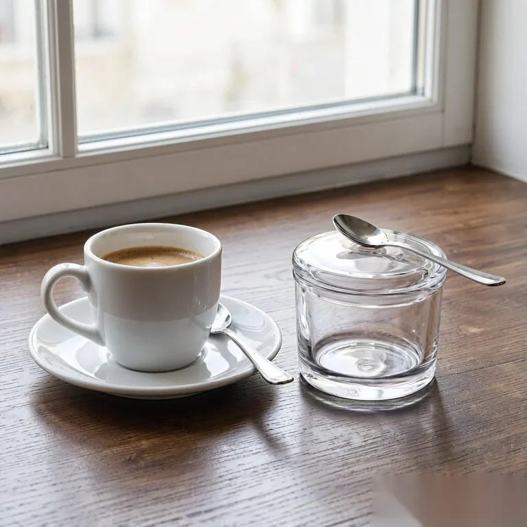 Clear acrylic sugar bowl with a domed lid and a spoon resting in the lid slot on a cafe table, wholesale sugar bowls and jars by Benyang Supplies