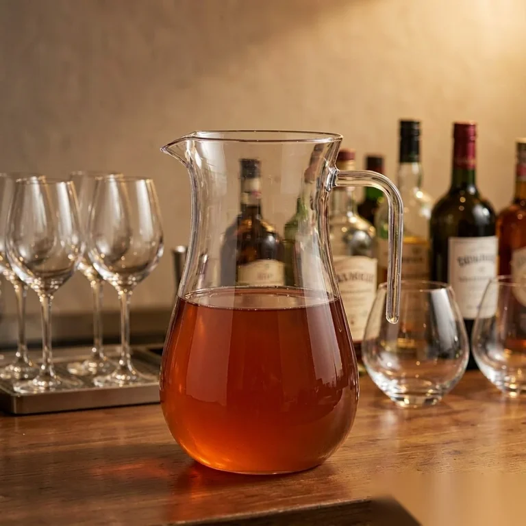 Clear unbreakable PC wine decanter and carafe on a hotel bar top with wine bottles behind, wholesale decanters and carafes by Benyang Supplies