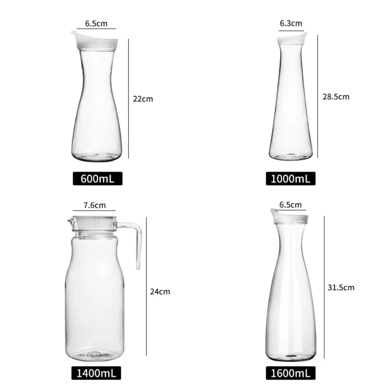Water pitchers for hotels in 600 ml, 1000 ml, 1400 ml and 1600 ml sizes, wholesale water pitcher range by Benyang Supplies